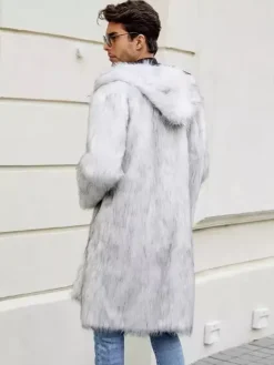 Light Gray Long Men's Faux Fur Coat Winter Warm Long-Sleeved Jacket with Turn-Down Collar and Hood