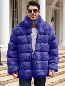 Light Gray Men's Faux Fur Coat Winter Warm Long-Sleeved Jacket with Stand Collar
