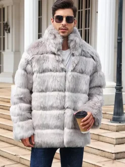 Light Gray Men's Faux Fur Coat Winter Warm Long-Sleeved Jacket with Stand Collar