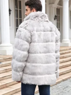 Light Gray Men's Faux Fur Coat Winter Warm Long-Sleeved Jacket with Stand Collar