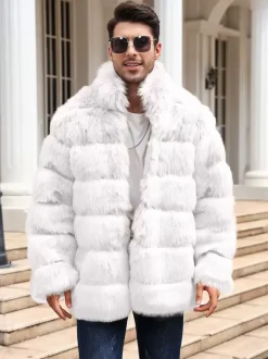 Light Gray Men's Faux Fur Coat Winter Warm Long-Sleeved Jacket with Stand Collar
