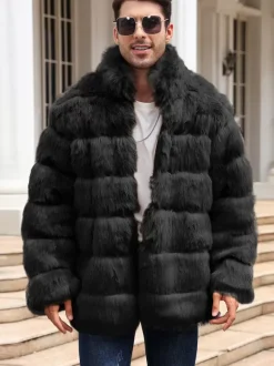 Light Gray Men's Faux Fur Coat Winter Warm Long-Sleeved Jacket with Stand Collar