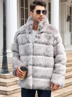 Light Gray Men's Faux Fur Coat Winter Warm Long-Sleeved Jacket with Stand Collar
