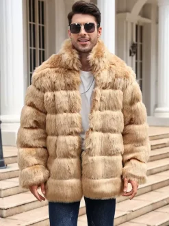 Light Gray Men's Faux Fur Coat Winter Warm Long-Sleeved Jacket with Stand Collar