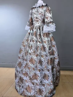 Light Gray Retro Tudor Dress Costumes Ruffles Polyester Floral Print Marie Antoinette Costume Dress Women's Royal Tunic 18th Century Costume