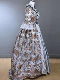Light Gray Retro Tudor Dress Costumes Ruffles Polyester Floral Print Marie Antoinette Costume Dress Women's Royal Tunic 18th Century Costume