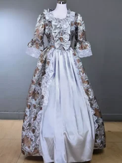 Light Gray Retro Tudor Dress Costumes Ruffles Polyester Floral Print Marie Antoinette Costume Dress Women's Royal Tunic 18th Century Costume