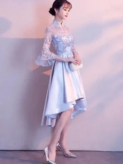 Light Grey Cocktail Dresses Stand Collar Bell Sleeve Short Prom Dress Asymmetrical Graduation Dress