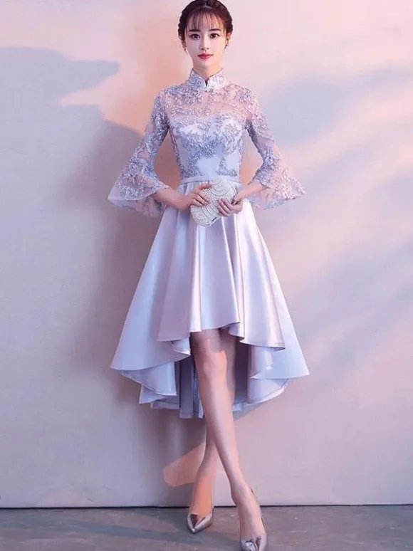 Light Grey Cocktail Dresses Stand Collar Bell Sleeve Short Prom Dress Asymmetrical Graduation Dress
