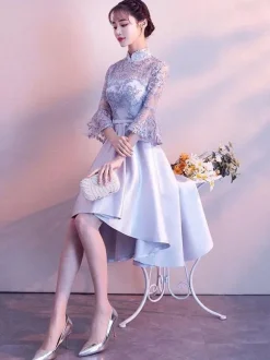 Light Grey Cocktail Dresses Stand Collar Bell Sleeve Short Prom Dress Asymmetrical Graduation Dress