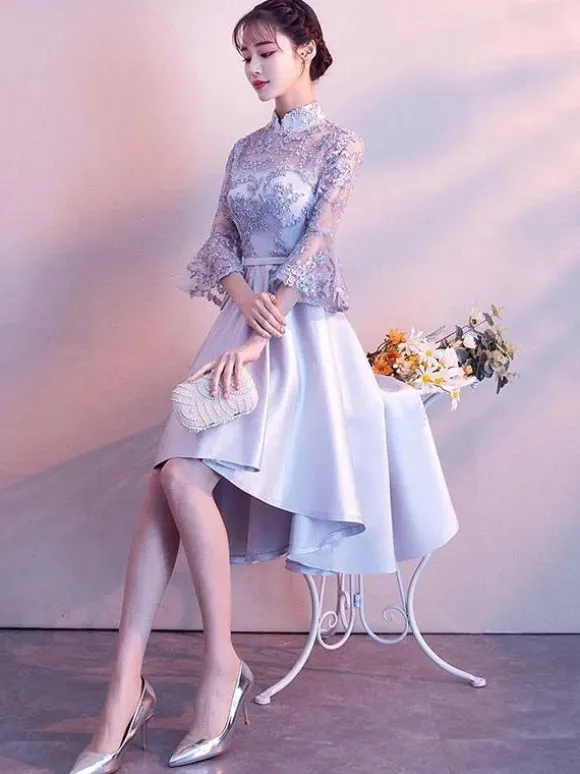 Light Grey Cocktail Dresses Stand Collar Bell Sleeve Short Prom Dress Asymmetrical Graduation Dress
