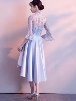 Light Grey Cocktail Dresses Stand Collar Bell Sleeve Short Prom Dress Asymmetrical Graduation Dress