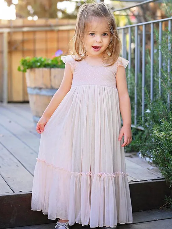 Light Pink Flower Girl Dresses Jewel Neck Sleeveless Ankle-Length A-Line Lace Kids Party Dresses