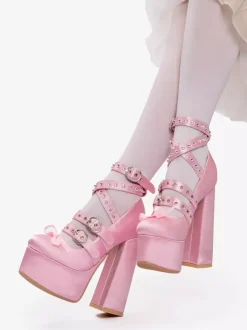 Light Pink Lolita Shoes Y2K Style Buckle Cross Strapes Chunky Heels Satin Lolita Pump Shoes