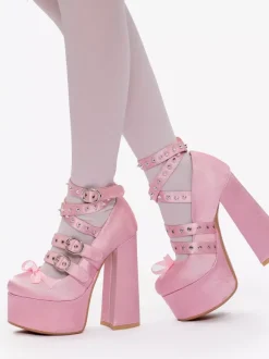 Light Pink Lolita Shoes Y2K Style Buckle Cross Strapes Chunky Heels Satin Lolita Pump Shoes