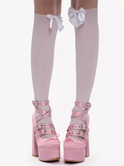 Light Pink Lolita Shoes Y2K Style Buckle Cross Strapes Chunky Heels Satin Lolita Pump Shoes