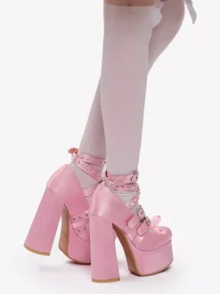 Light Pink Lolita Shoes Y2K Style Buckle Cross Strapes Chunky Heels Satin Lolita Pump Shoes