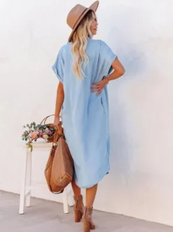Light Sky Blue Boho Shirt Dress for Women - Short Sleeves Button Down Loose Midi Dress - Summer Casual Everyday 2026