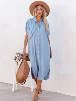 Light Sky Blue Boho Shirt Dress for Women - Short Sleeves Button Down Loose Midi Dress - Summer Casual Everyday 2026