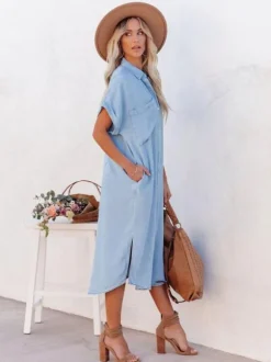 Light Sky Blue Boho Shirt Dress for Women - Short Sleeves Button Down Loose Midi Dress - Summer Casual Everyday 2026