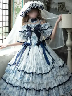 Light Sky Blue Fairy Lolita Dresses Bows Lace Up Short Sleeves ROCOCO Style Tea Party Dress