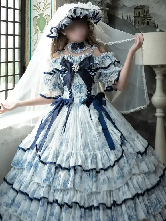 Light Sky Blue Fairy Lolita Dresses Bows Lace Up Short Sleeves ROCOCO Style Tea Party Dress