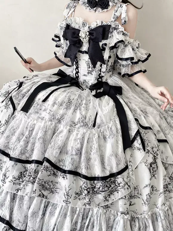 Light Sky Blue Fairy Lolita Dresses Bows Lace Up Short Sleeves ROCOCO Style Tea Party Dress