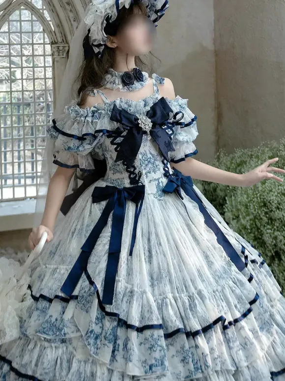Light Sky Blue Fairy Lolita Dresses Bows Lace Up Short Sleeves ROCOCO Style Tea Party Dress