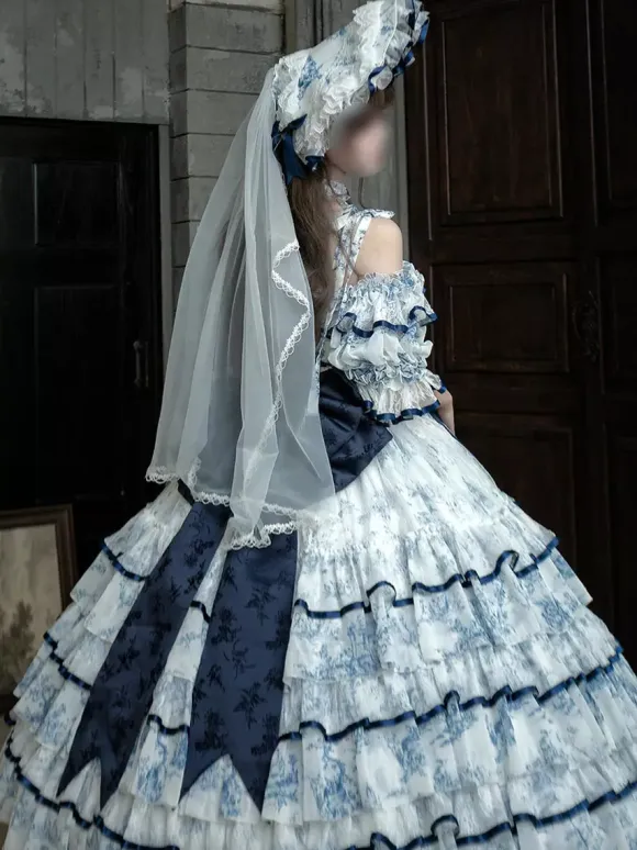 Light Sky Blue Fairy Lolita Dresses Bows Lace Up Short Sleeves ROCOCO Style Tea Party Dress