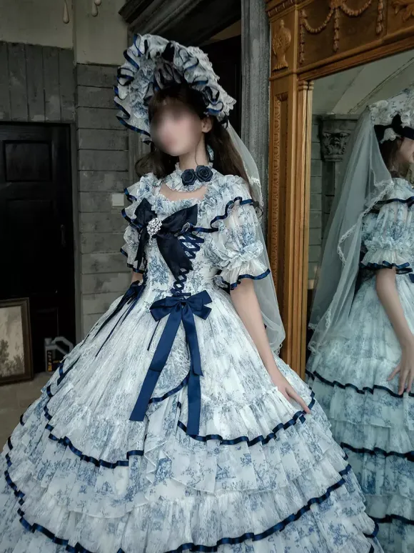 Light Sky Blue Fairy Lolita Dresses Bows Lace Up Short Sleeves ROCOCO Style Tea Party Dress