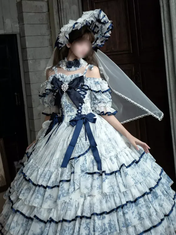 Light Sky Blue Fairy Lolita Dresses Bows Lace Up Short Sleeves ROCOCO Style Tea Party Dress