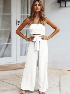 Light Sky Blue Jumpsuit Sleeveless Lace Up Backless Wide Summer Playsuit