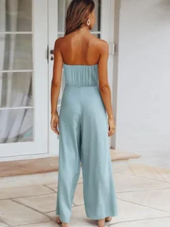 Light Sky Blue Jumpsuit Sleeveless Lace Up Backless Wide Summer Playsuit