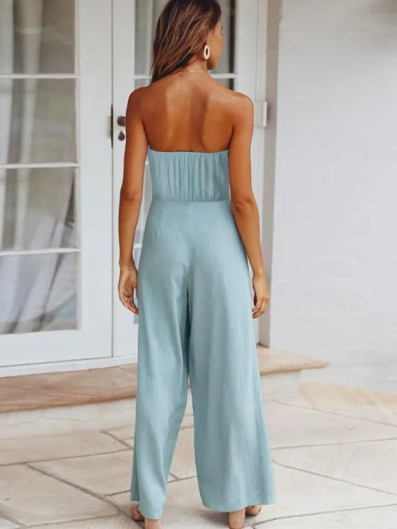 Light Sky Blue Jumpsuit Sleeveless Lace Up Backless Wide Summer Playsuit