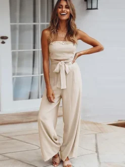 Light Sky Blue Jumpsuit Sleeveless Lace Up Backless Wide Summer Playsuit