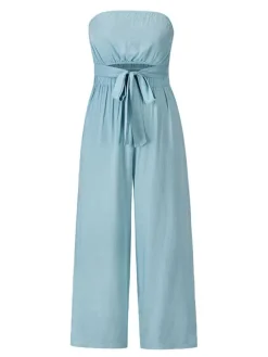 Light Sky Blue Jumpsuit Sleeveless Lace Up Backless Wide Summer Playsuit
