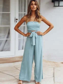 Light Sky Blue Jumpsuit Sleeveless Lace Up Backless Wide Summer Playsuit