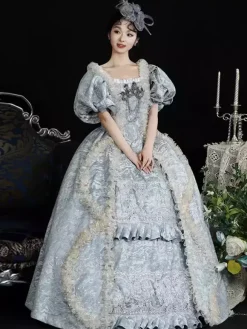 Light Sky Blue Retro Costumes Women's Jacquard Ruffles Lace Polyester Headwear Dress Retro Marie Antoinette Costume Vintage Clothing