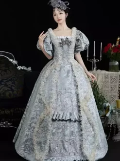 Light Sky Blue Retro Costumes Women's Jacquard Ruffles Lace Polyester Headwear Dress Retro Marie Antoinette Costume Vintage Clothing