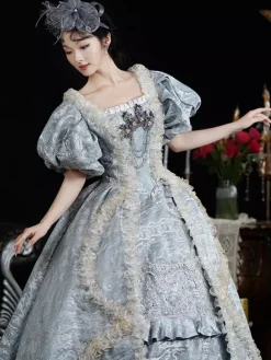 Light Sky Blue Retro Costumes Women's Jacquard Ruffles Lace Polyester Headwear Dress Retro Marie Antoinette Costume Vintage Clothing