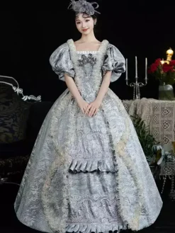 Light Sky Blue Retro Costumes Women's Jacquard Ruffles Lace Polyester Headwear Dress Retro Marie Antoinette Costume Vintage Clothing