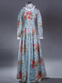 Light Sky Blue Retro Costumes Women's Marie Antoinette Costume Floral Print Ruffles Polyester Set Dress Retro 18th Century Costume