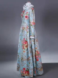 Light Sky Blue Retro Costumes Women's Marie Antoinette Costume Floral Print Ruffles Polyester Set Dress Retro 18th Century Costume
