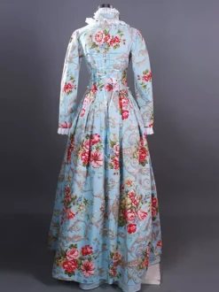 Light Sky Blue Retro Costumes Women's Marie Antoinette Costume Floral Print Ruffles Polyester Set Dress Retro 18th Century Costume
