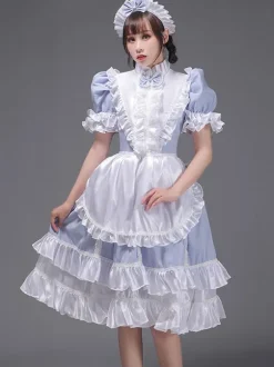 Light Sky Blue Retro Tudor Dress Costumes Women's Ruffles Polyester Tunic Dress Headwear Vintage Marie Antoinette Costume 18th Century Costume