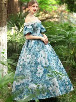 Light Sky Blue Retro Tudor Dress Costumes Women's Floral Print Polyester Dress Gothic Marie Antoinette Costume 18th Century Costume