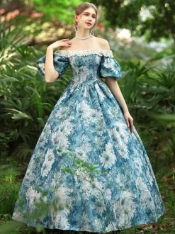 Light Sky Blue Retro Tudor Dress Costumes Women's Floral Print Polyester Dress Gothic Marie Antoinette Costume 18th Century Costume
