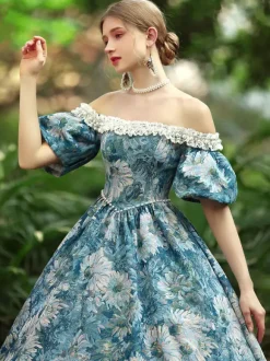 Light Sky Blue Retro Tudor Dress Costumes Women's Floral Print Polyester Dress Gothic Marie Antoinette Costume 18th Century Costume