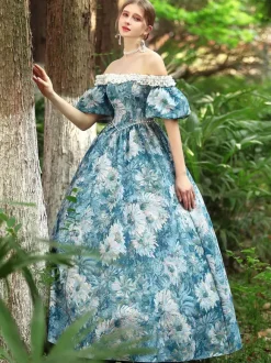 Light Sky Blue Retro Tudor Dress Costumes Women's Floral Print Polyester Dress Gothic Marie Antoinette Costume 18th Century Costume