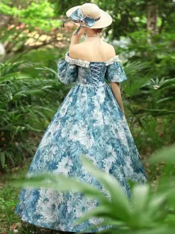 Light Sky Blue Retro Tudor Dress Costumes Women's Floral Print Polyester Dress Gothic Marie Antoinette Costume 18th Century Costume